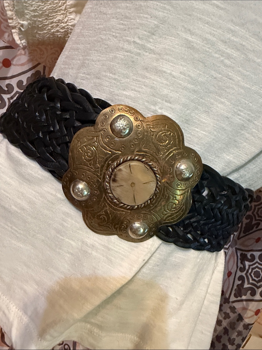 Made in Morocco - Braided Black Leather Belt with Antique Gold Floral Concho 38” - Picture 3 of 6